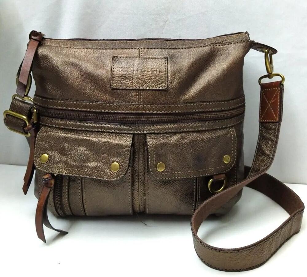 Fossil Morgan Metallic Bronze Leather Zipper Pockets Crossbody Bag
